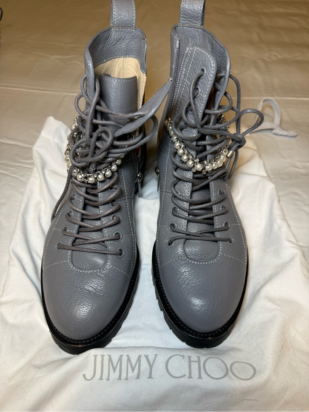 Jimmy Choo Gray Leather Combat Boots with Pearl Chain Accent